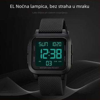 Studentski digitalni sat za učenike, vodootporan do 10 m, digitalni zaslon, elektronički mehanizam, kvadratni brojčanik 40 mm, silikon remen, punjiv