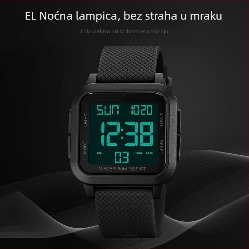 Studentski digitalni sat za učenike, vodootporan do 10 m, digitalni zaslon, elektronički mehanizam, kvadratni brojčanik 40 mm, silikon remen, punjiv