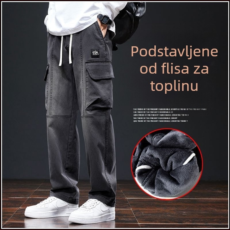 Muške straight džins cargo hlače, chenille tkanina, srednji pojas, zatvarač, mikro-elastičnost, zima