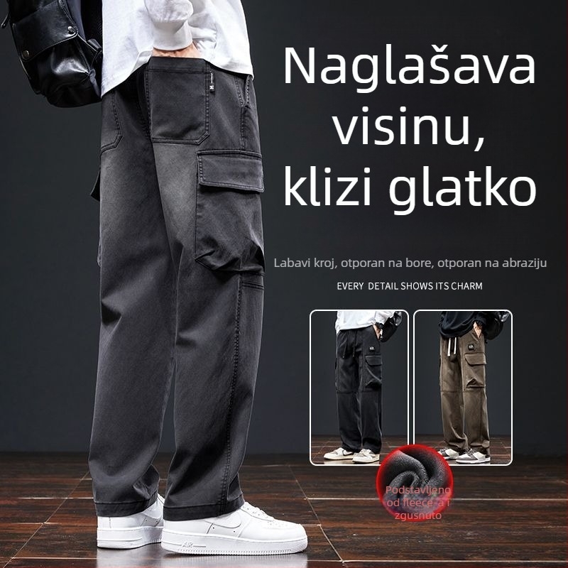 Muške straight džins cargo hlače, chenille tkanina, srednji pojas, zatvarač, mikro-elastičnost, zima