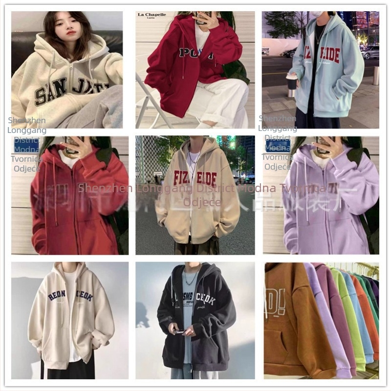 Ženski hooded cardigan sweatshirt s kapuljom, alfabet potpis, korejski casual stil, slobodan kroj, mješavina pamuka i poliestera, fleece iznutra