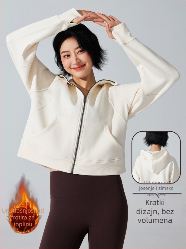 Ženska dukserica s kapuljom i zatvaračem, slobodan kroj, duljina do struka, pamuk-poliester smjesa tkanine, zadržava toplinu