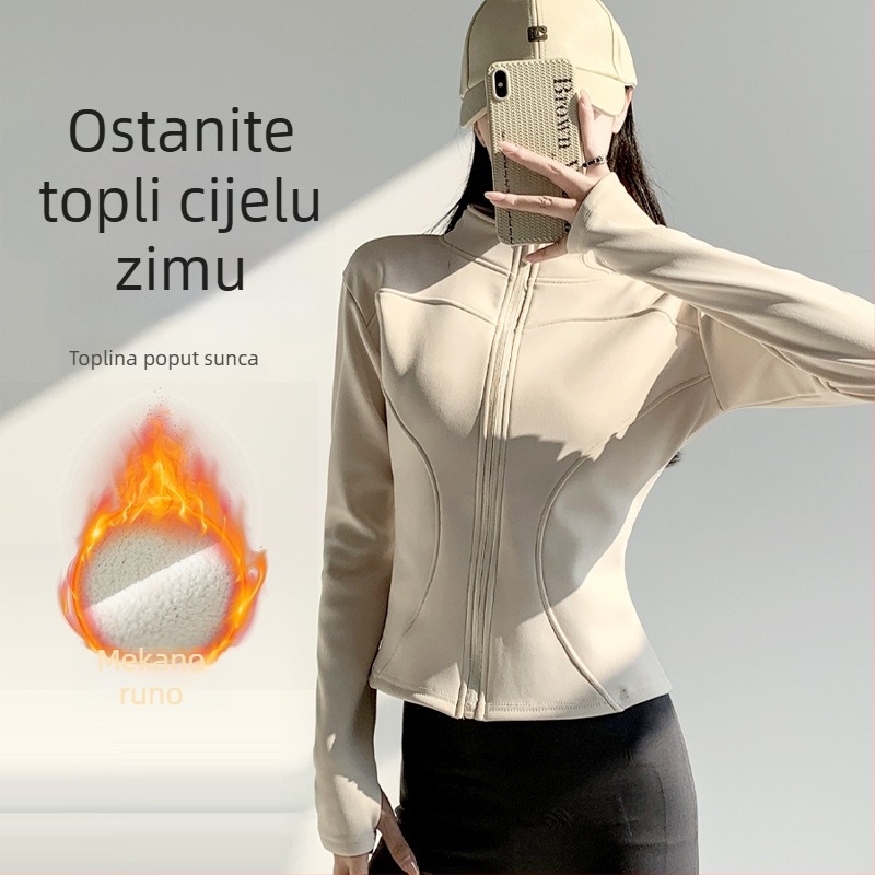 Ženska jakna visoke elastičnosti za oblikovanje, unutrašnji fleece, zatvarač, dugi rukav, uski kroj, proljeće 2026