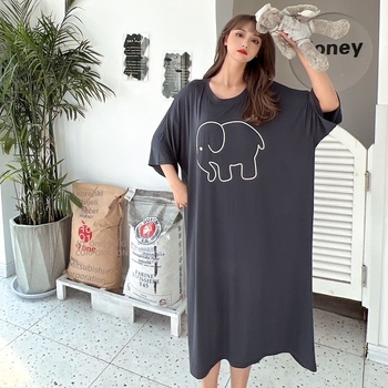 Plus-size ženska noćna haljina od modalnog materijala s otiskom, kratkih rukava, okrugli izrez, duga suknja; pogodna za trudnice i nošenje izvana.
