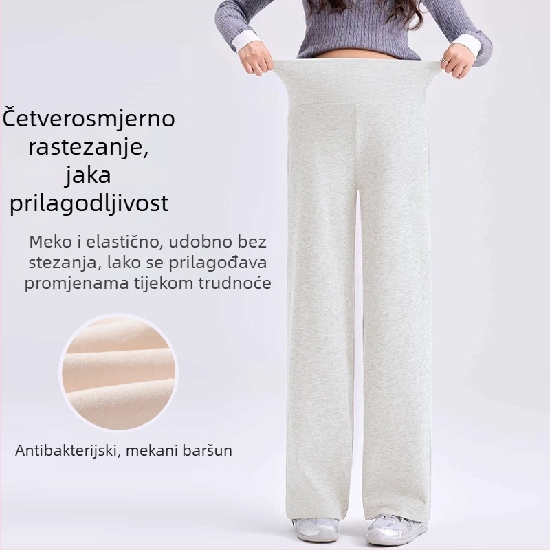 Trudničke zimske hlače s flisom, debeli materijal, široke nogavice, ugrađena podrška za trbuh, ležeran svakodnevni stil