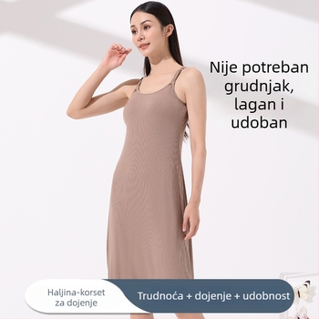 Ljetna haljina za dojenje s tankim trakama i ugrađenim jastučićima za grudi; lagana noćna haljina nakon poroda, pogodna za nošenje i kao vanjska odjeća.