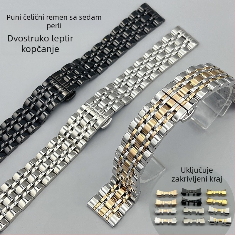 Nerđajući čelični remen za sat s leptir kopčom, unisex, čvrst lanac, dizajn sa sedam perlica