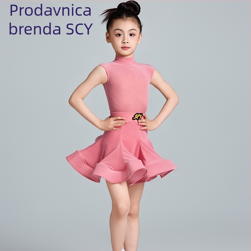 Djeca latino plesni kostim za djevojčice, ultra-tanki baršun, suknja sa swingom za pozornicu, 70% spandex