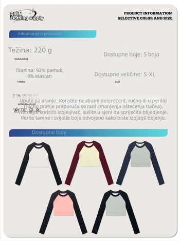 Ženski T-shirt s okruglim izrezom, raglan rukavima, kratkom kroju, pamuk s elastanom, uzorak u skladnim bojama