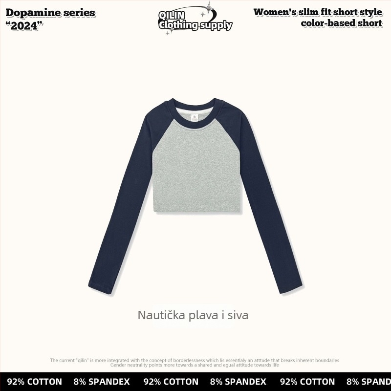 Ženski T-shirt s okruglim izrezom, raglan rukavima, kratkom kroju, pamuk s elastanom, uzorak u skladnim bojama