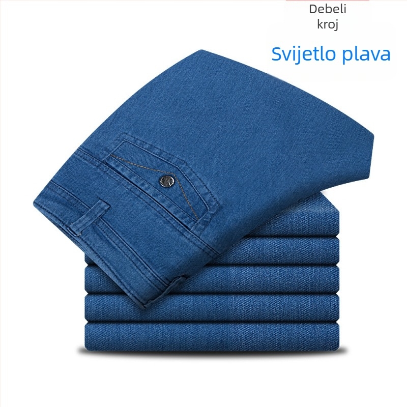 Muške traperice s visokim pojasom i elastikom, ravni kroj, denim, casualno nošenje za srednju dob