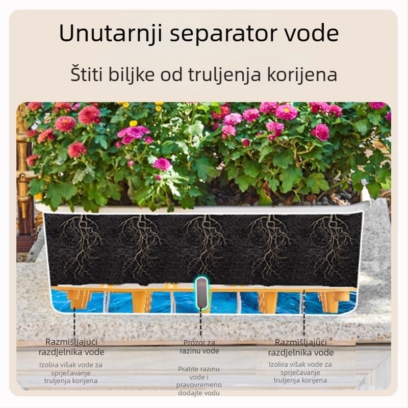 Saksija s automatskim zalijevanjem, pravokutnog oblika od PP plastike, izdržljiva, za balkon, postavljena na pod