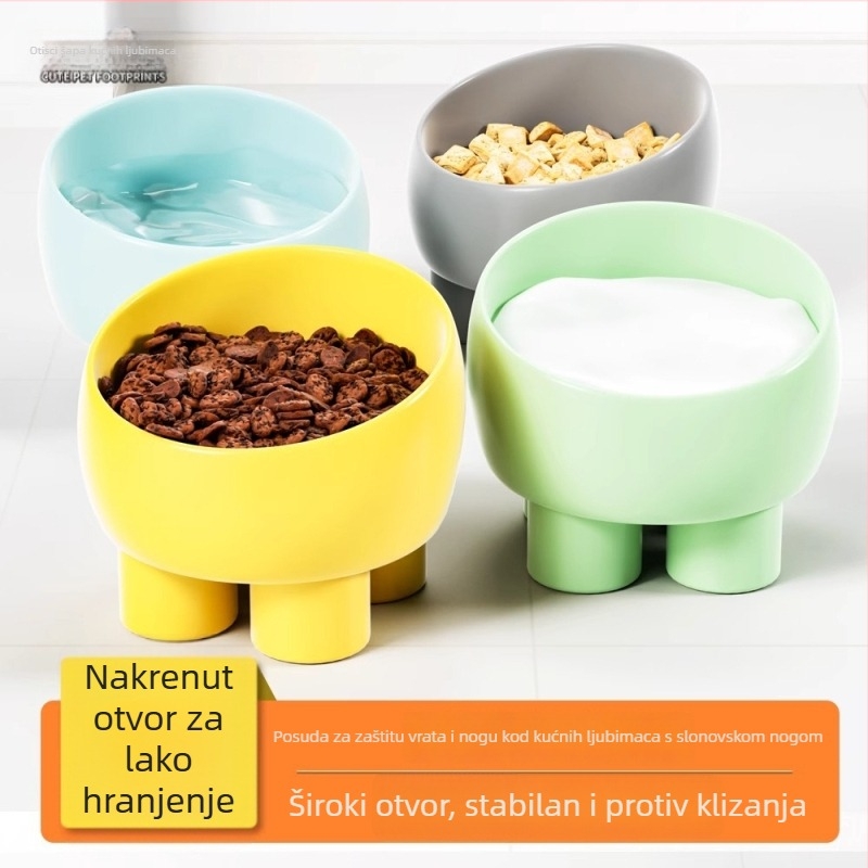 Mačji tanjur za hranu na visokom postolju s nagnutim otvorom i zaštitom vrata u obliku elefantove noge, PP plastika