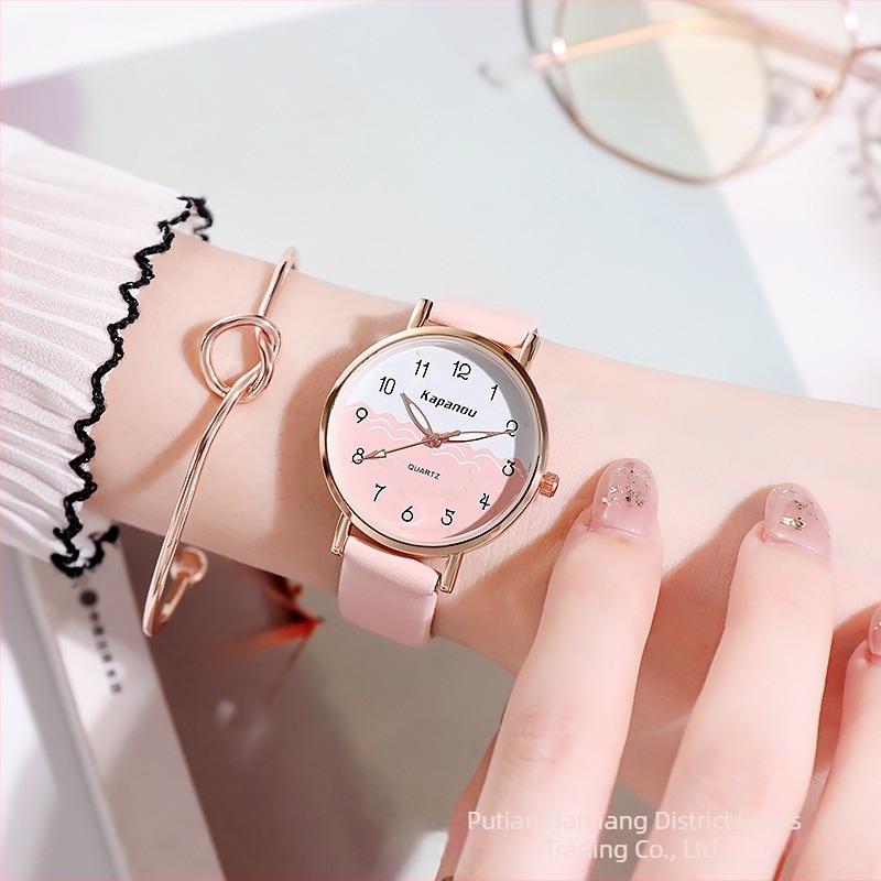 Školski sat u korejskom stilu, kvarcni mehanizam Seagull 05553, okrugli brojčanik, kožni remen od lažne kože