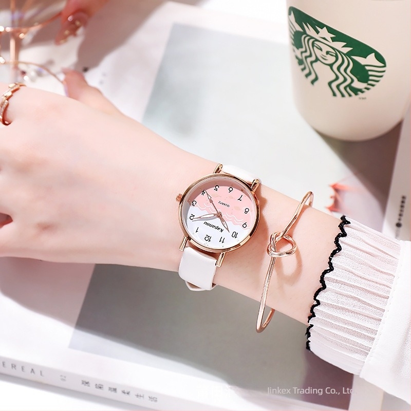 Školski sat u korejskom stilu, kvarcni mehanizam Seagull 05553, okrugli brojčanik, kožni remen od lažne kože