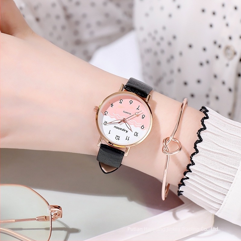 Školski sat u korejskom stilu, kvarcni mehanizam Seagull 05553, okrugli brojčanik, kožni remen od lažne kože