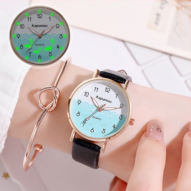 Školski sat u korejskom stilu, kvarcni mehanizam Seagull 05553, okrugli brojčanik, kožni remen od lažne kože