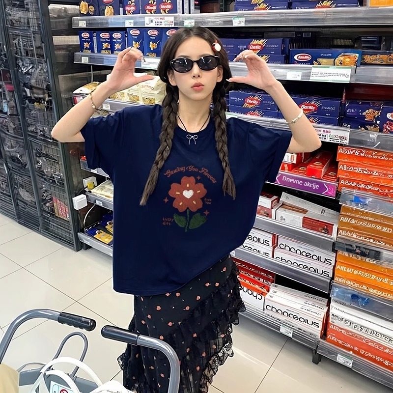 Retro crna ženska majica kratkih rukava s floralnim uzorkom, 100% pamuk, moderan ljetni top