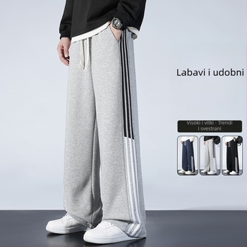 Muške sportske hlače od pamuka s fleece podstavom, ravni kroj, prugasti uzorak, srednji pojas s remenom i vezanjem