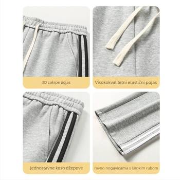 Muške sportske hlače od pamuka s fleece podstavom, ravni kroj, prugasti uzorak, srednji pojas s remenom i vezanjem