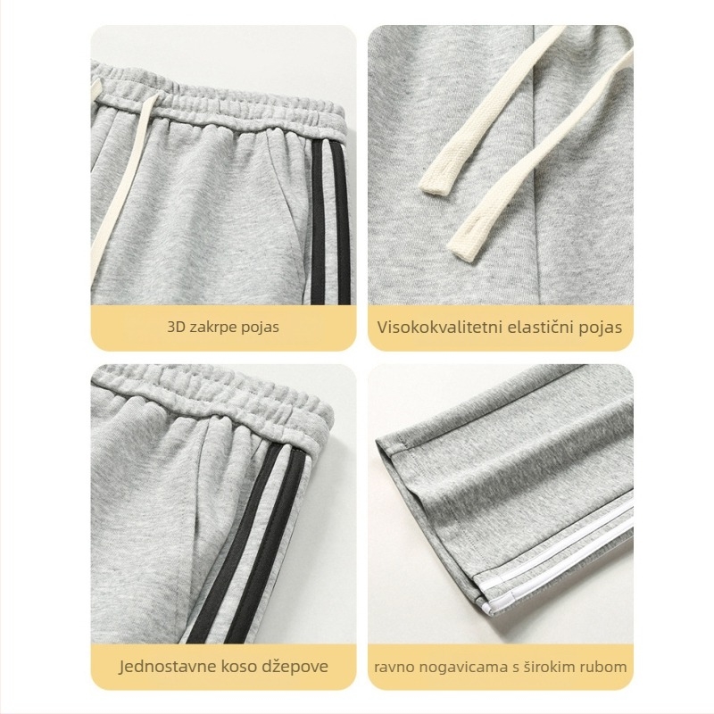 Muške sportske hlače od pamuka s fleece podstavom, ravni kroj, prugasti uzorak, srednji pojas s remenom i vezanjem