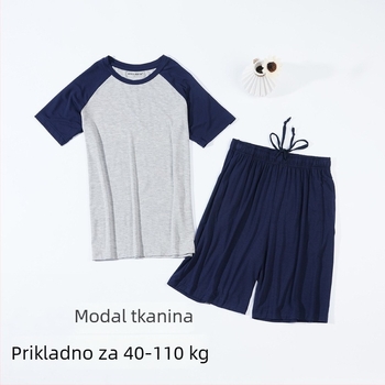 Muški Modalni set za spavanje s kratkim rukavima i šorcevima, jednostavan opušten stil, 90-95% modal, okrugli ovratnik, debeo materijal 201-250 g/m2