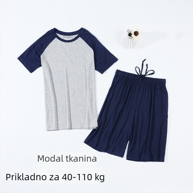 Muški Modalni set za spavanje s kratkim rukavima i šorcevima, jednostavan opušten stil, 90-95% modal, okrugli ovratnik, debeo materijal 201-250 g/m2
