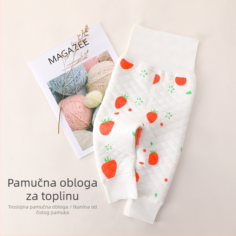 Bejbi hlače od 100% pamuka, tople, jednoslojne, visok pas za zaštitu trbuha, uzorak voća, za dojenčad 0–1 godina