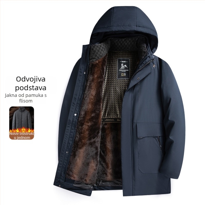 Muška zimska jakna s kapuljom, punjena pamukom, odvojiva podstava, fleksi podstava, poliester tkanina, džepovi sa zatvaračima