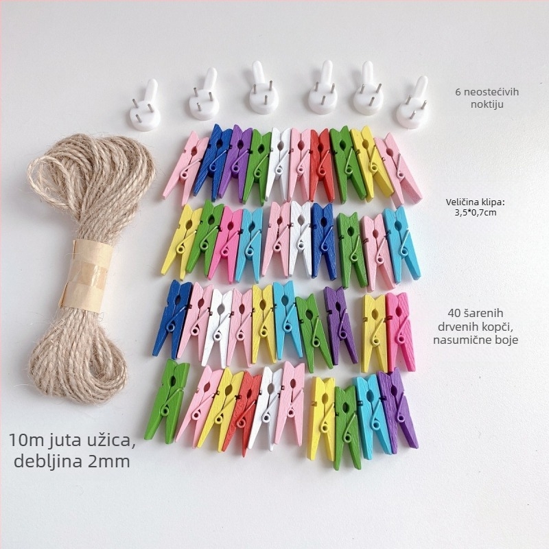 Drvena klipsa za fotografije s konopnim užetom za zidni prikaz – pogodna za sobu i učionicu. Marka: Other; Materijal: Drvo; Tip proizvoda: Hand ledger.