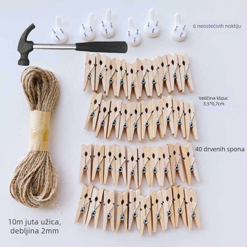 Drvena klipsa za fotografije s konopnim užetom za zidni prikaz – pogodna za sobu i učionicu. Marka: Other; Materijal: Drvo; Tip proizvoda: Hand ledger.