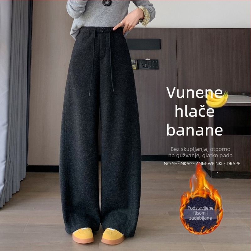 Ženske hlače od vunene tkanine s fleec podstavom, 2025 novi model za jesen-zimu, široke nogavice, udoban kroj, banana stil