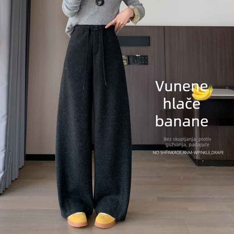 Ženske hlače od vunene tkanine s fleec podstavom, 2025 novi model za jesen-zimu, široke nogavice, udoban kroj, banana stil