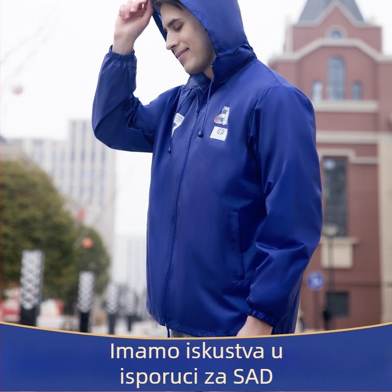 Lagana proljetno-jesenska vanjska jakna jednobojne boje, stojeći ovratnik, prednji zip, bez kapuljače, otisnut logotip