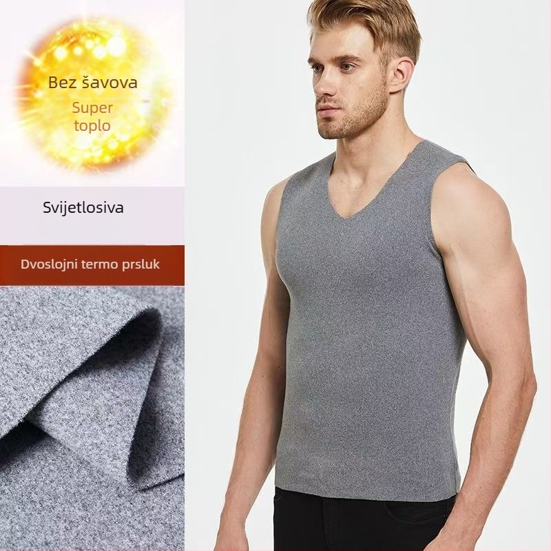 Muški termalni prsluk - bezšivni V-izrez, osnovni sloj, poliester 95–100%, pulover, umjerena debljina 161–180 g/m²