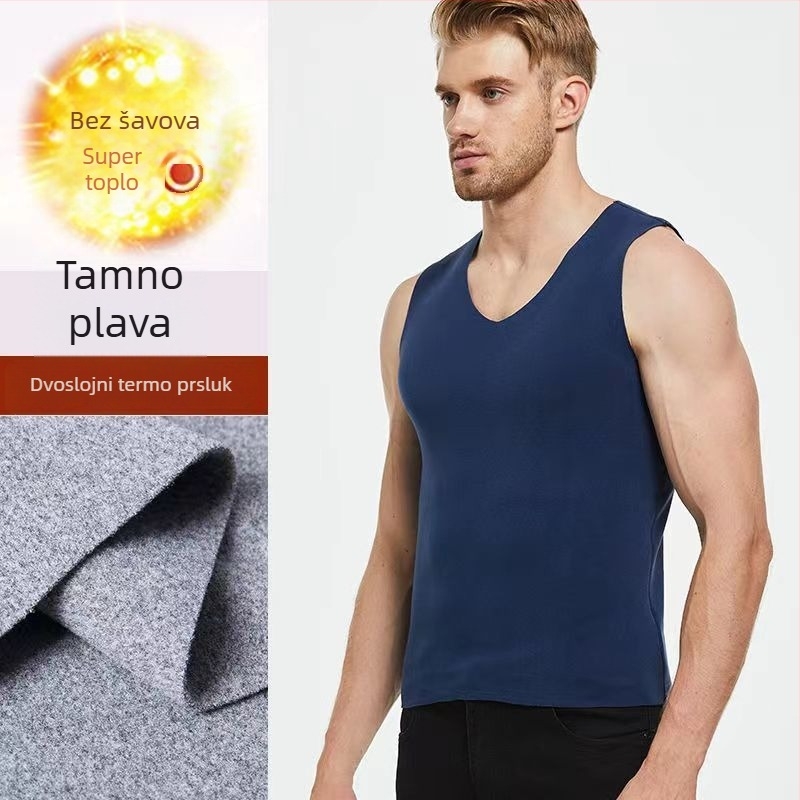 Muški termalni prsluk - bezšivni V-izrez, osnovni sloj, poliester 95–100%, pulover, umjerena debljina 161–180 g/m²