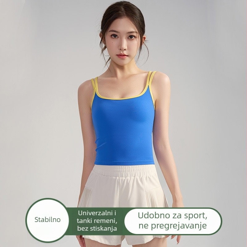 Joga top s umetkom za prsni koš, bez rukava, s kontrastnim naramenicama, prozračan materijal od najlona-spandeksa 80/20, vitki kroj