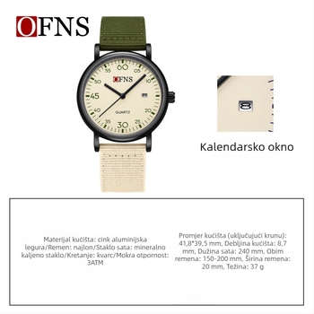 Kvarcni sat s kalendarom i indikacijom 24 sati, najlon remen, vodootpornost 30 m, model 1593