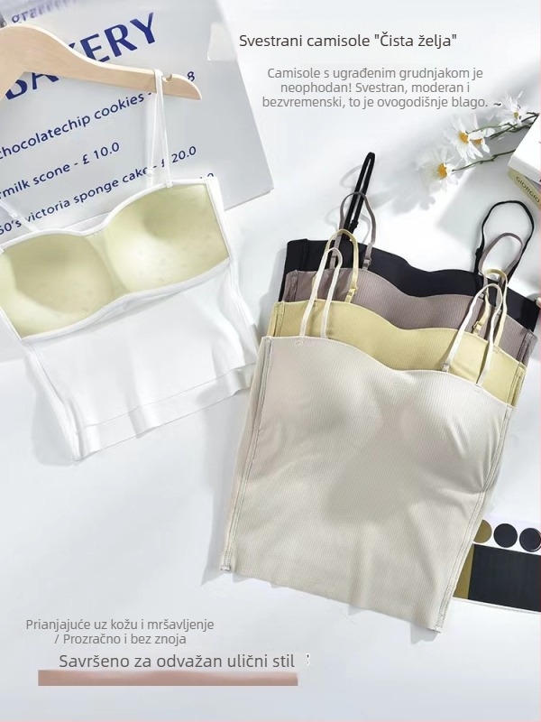 Ženski camisole od ice silk s ugrađenim jastučićem za grudi, bandeau stil, prozračan, prilagođen kroj, pogodan kao vanjski top ili slojeviti komad, lijep leđa.