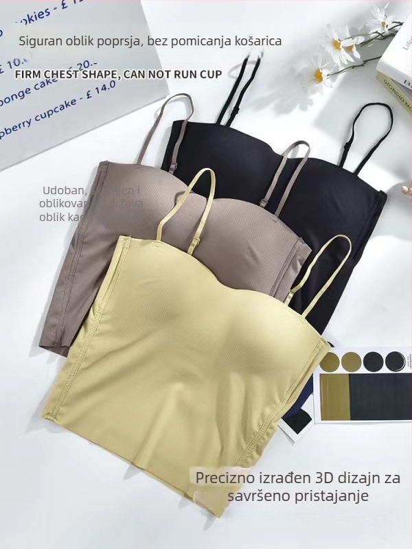 Ženski camisole od ice silk s ugrađenim jastučićem za grudi, bandeau stil, prozračan, prilagođen kroj, pogodan kao vanjski top ili slojeviti komad, lijep leđa.