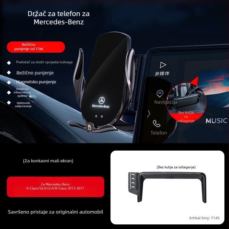 Držač telefona za Mercedes-Benz C‑Class s bežičnim punjenjem 15W, držač na zračni otvor, električno zaključavanje, ugradnja klikom