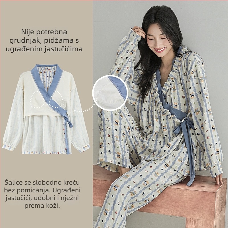 Postporođajni ženski pidžama set s umetkom za dojke, kardigan i kimono stil, Cloud Cotton, 95% poliester