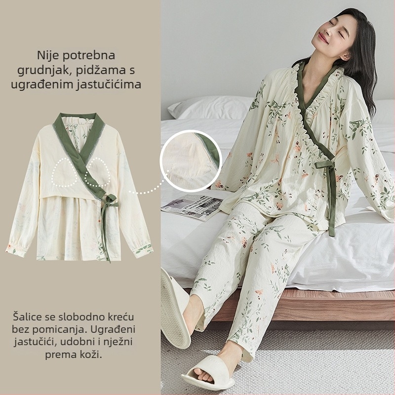 Postporođajni ženski pidžama set s umetkom za dojke, kardigan i kimono stil, Cloud Cotton, 95% poliester