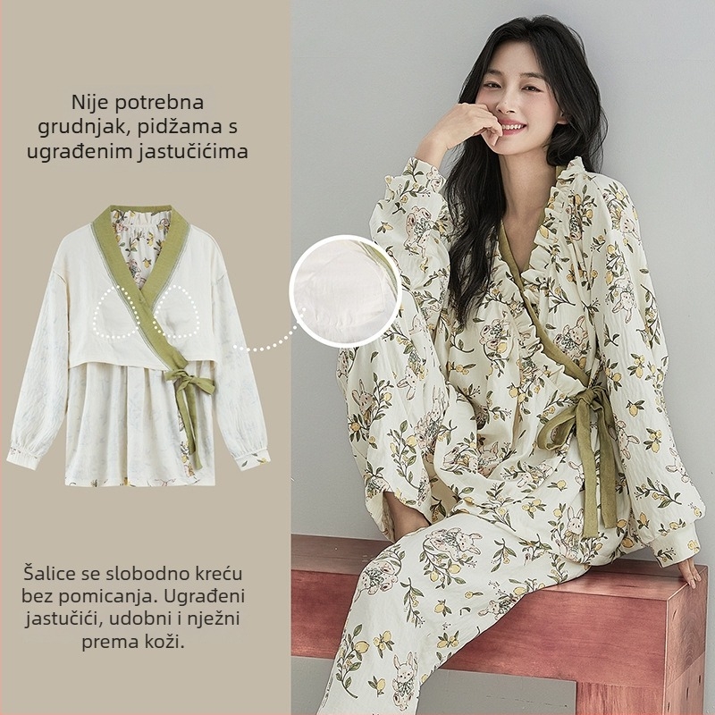 Postporođajni ženski pidžama set s umetkom za dojke, kardigan i kimono stil, Cloud Cotton, 95% poliester