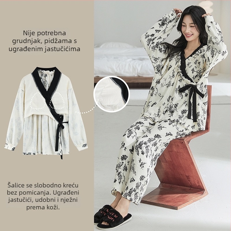 Postporođajni ženski pidžama set s umetkom za dojke, kardigan i kimono stil, Cloud Cotton, 95% poliester