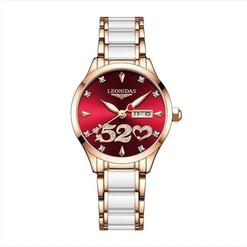 Ženski sat LEONIDAS LD80217L, kvarcni mehanizam, keramički remen, vodootpornost 30M, brojčanik 29,5 mm, luminozan kalendar i prikaz dana u tjednu