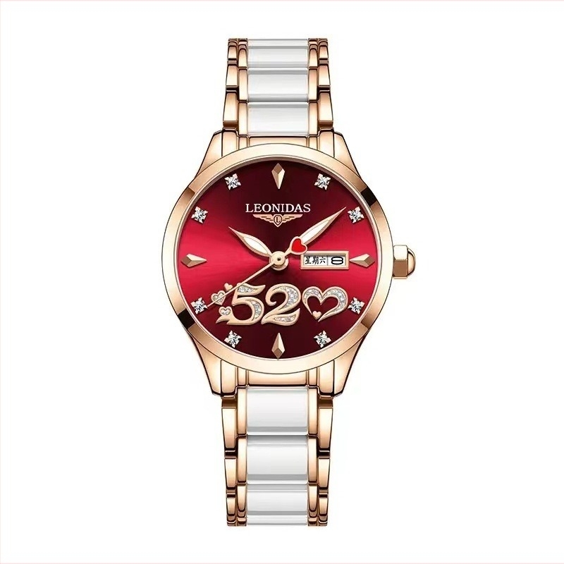 Ženski sat LEONIDAS LD80217L, kvarcni mehanizam, keramički remen, vodootpornost 30M, brojčanik 29,5 mm, luminozan kalendar i prikaz dana u tjednu