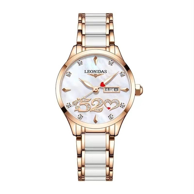 Ženski sat LEONIDAS LD80217L, kvarcni mehanizam, keramički remen, vodootpornost 30M, brojčanik 29,5 mm, luminozan kalendar i prikaz dana u tjednu