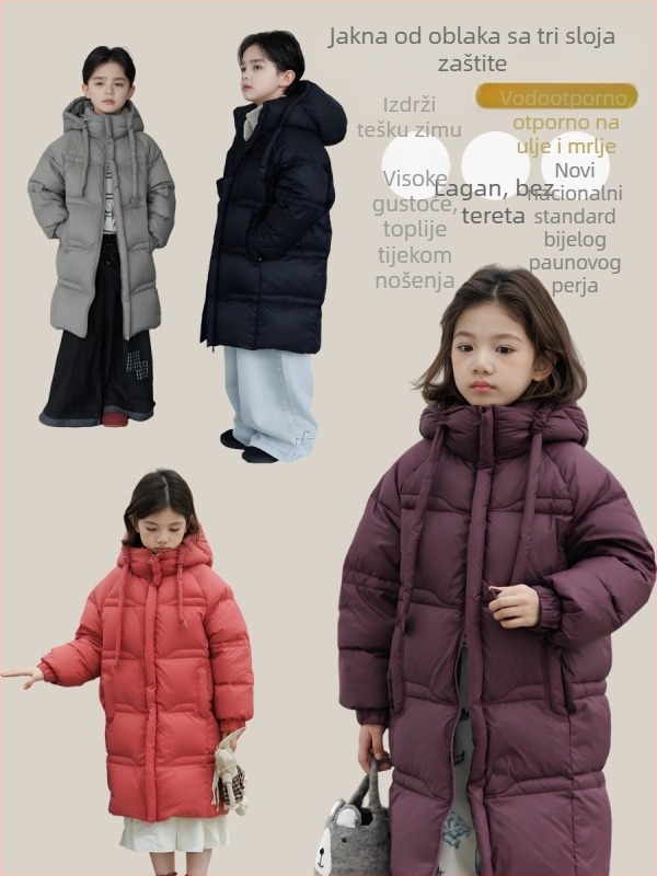 Dječja jakna s perjem, unisex, kapuljača, zimska debla jakna; 50–55% bijelog patke perja; vanjska najlon, podstava poliester; za djecu 8+ godina