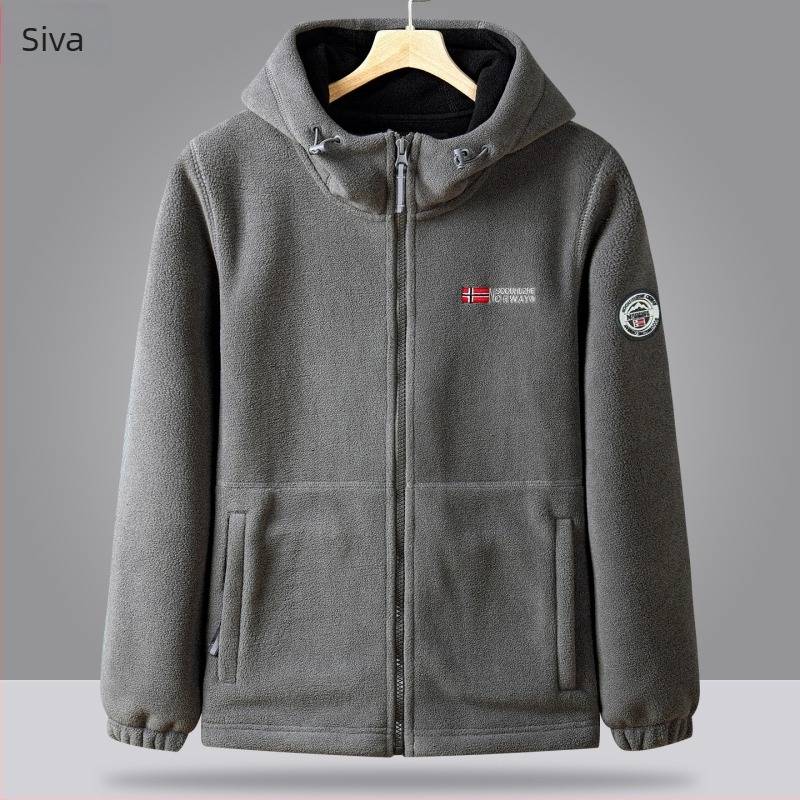 Unisex fleec jakna s kapuljom, izvezenim vezom, dvostruka, debela podstava, za vanjsku upotrebu